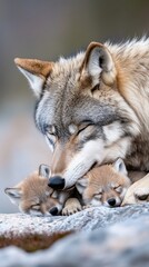 Obraz premium A mother wolf curls up with her sleeping cubs, offering warmth and safety in the wilderness surrounded by soft grasses