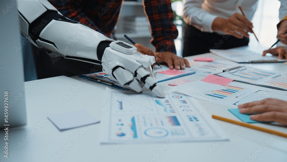 Poster a dynamic scene showcasing a robotic arm engaged in collaboration with human hands during a business