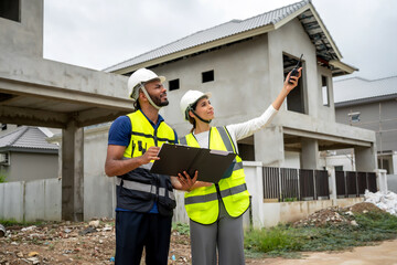 Project manager women and civil engineer wearing safety vests and helmets inspect a housing...