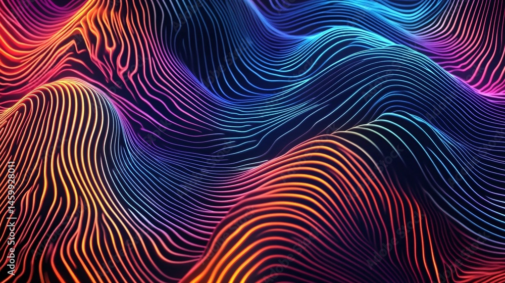 Poster colorful dynamic abstract wave lines flowing across a black background