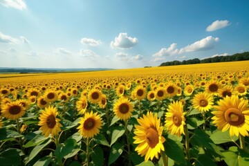 Drone view of vast sunflower field, golden blooms, sunflowers, bright