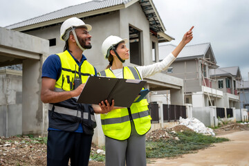 Project manager women and civil engineer wearing safety vests and helmets inspect a housing...