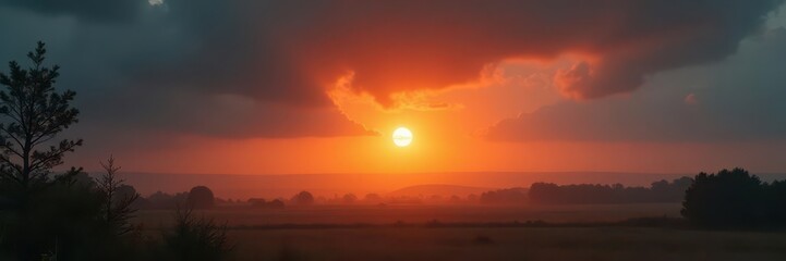 Fototapeta premium Dusty orange sunset, heavy grey clouds obscure the light , fog, weather