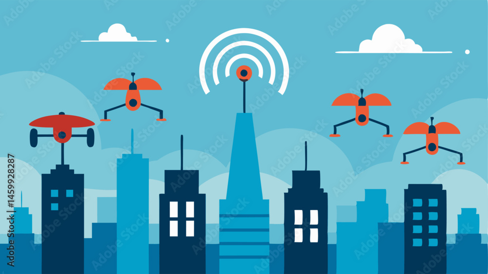 Poster drones in the air several drones flying above a city each emitting signal waves demonstrating how 5g