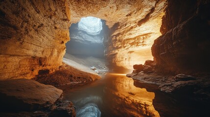 Sunlight filtering into a deep cave with a reflective pool.