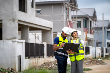 Project manager women and civil engineer wearing safety vests and helmets inspect a housing development site, pointing and discussing project progress with confidence in construction professionals.