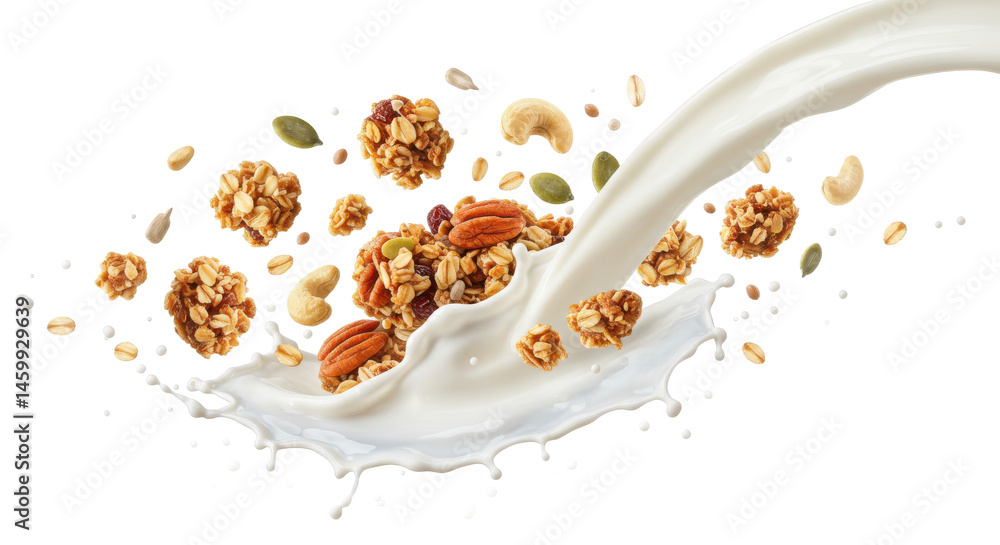 Poster milk pouring onto granola with splashes and scattered pieces creating a dynamic and appetizing scene