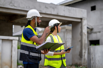 Project manager women and civil engineer wearing safety vests and helmets inspect a housing development site, pointing and discussing project progress with confidence in construction professionals.
