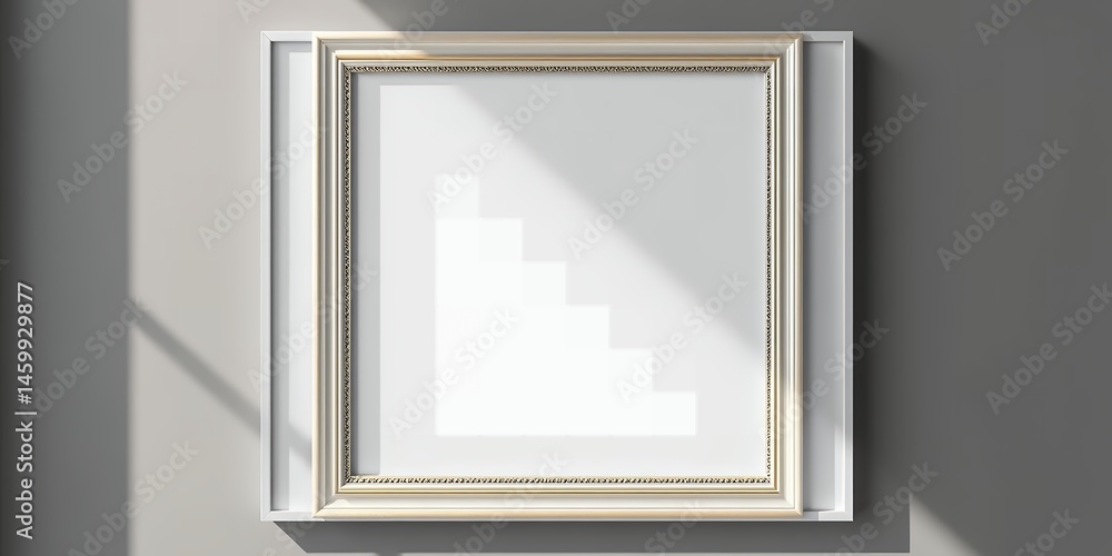 Poster a blank framed canvas hanging on a gray wall with a shadow falling across the canvas space