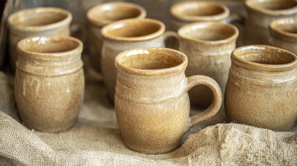Collection of handcrafted light brown ceramic mugs.