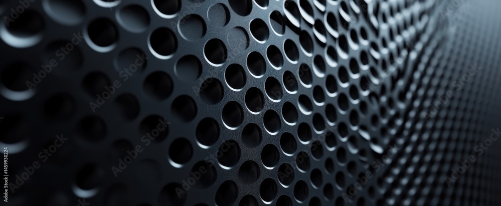 Poster this image features a close-up of a textured black metal surface, showcasing a pattern of circular h