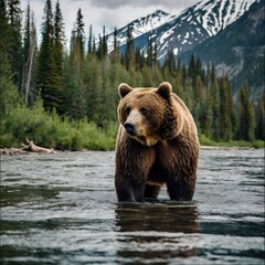 Obraz premium Grizzly bear in a mountain river. Majestic brown bear stands in a clear river, surrounded by lush green forests and snow-capped mountains