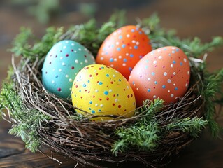 Obraz premium Colorful dotted eggs nestled in a rustic bird's nest. A spring scene