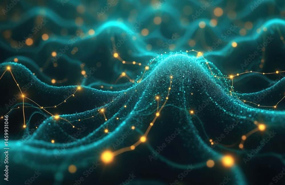 Aufkleber abstract neural network pattern. glowing interconnected nodes with flowing data on dark background. 