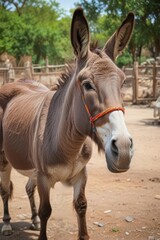 A lone donkey stands in a zoo enclosure, ears drooped , animal shelter, desolate, dejected