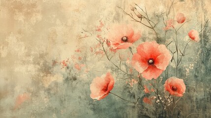 Gentle poppy blossoms in a textured, muted landscape.