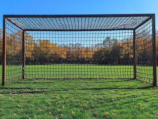 Fototapeta premium Rusty soccer goal stands on a grassy field, autumn leaves scattered, trees in background
