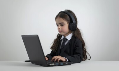 Little Girl in Business Attire Working on Laptop