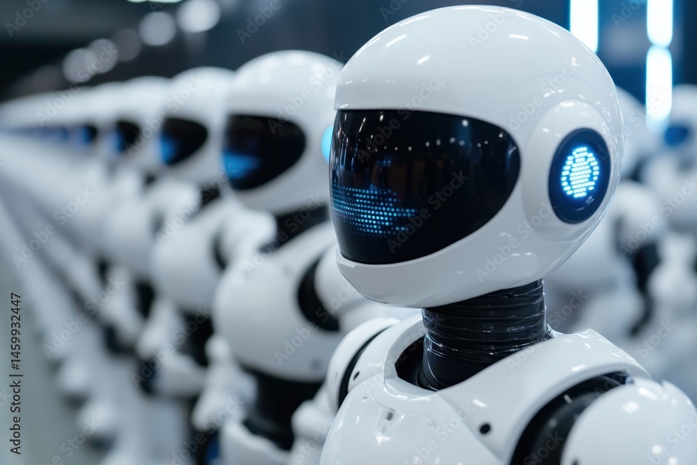 Poster a lineup of futuristic robots showcasing advanced design and technology in a modern environment, emp