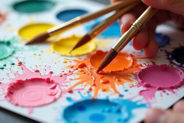 Fototapeta premium Capturing Creativity: Vibrant Close-Up of Colorful Watercolor Palette with Brushes and Paint Splatters