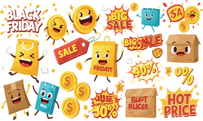 Retro sale shopping stickers. Black Friday characters. Vintage promotion, advertising, social media design. Funky groovy marketing visuals mascot vector