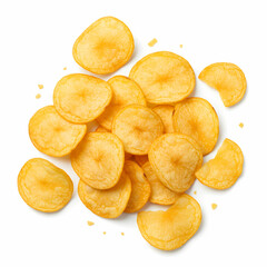 An overhead shot showing a pile of golden yellow potato chips on a white background in the studio