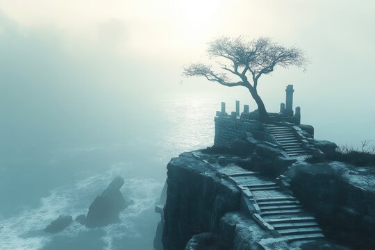 Misty clifftop ruins with ancient steps and lone tree