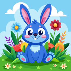 Fototapeta premium Adorable Blue Bunny Sitting Amidst Vibrant Spring Flowers.