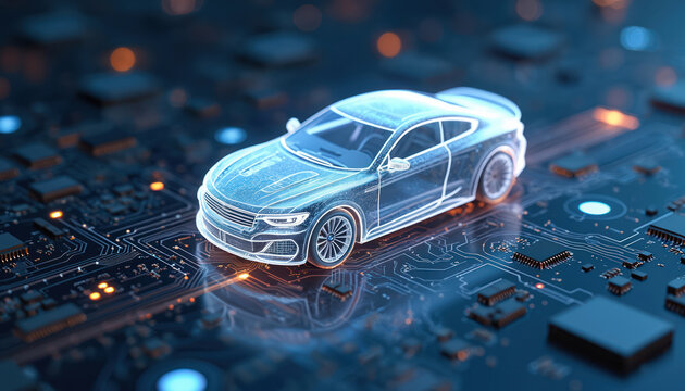 Digital hologram of white car on dark blue circuit board. Futuristic automotive tech, AI, electric vehicle, smart car concept. Autonomous driving, innovation in transportation industry.