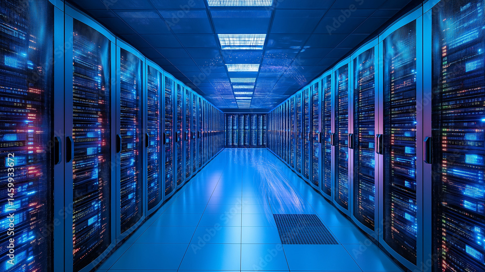 Aufkleber modern data center with illuminated server racks