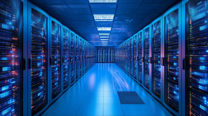 Modern data center with illuminated server racks