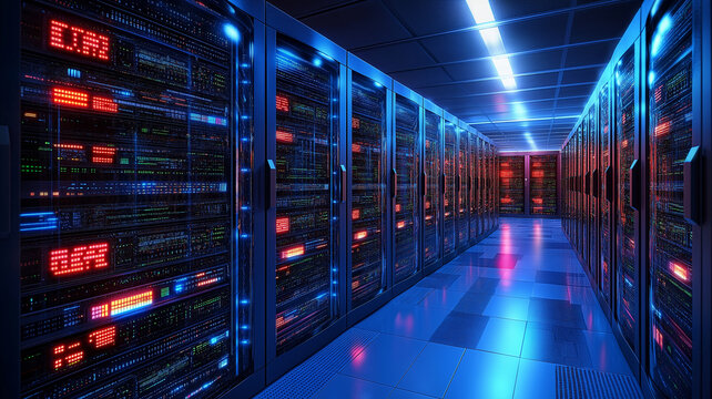 High tech server room with illuminated racks and cables