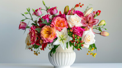 Elegant pink orange white rose lily flower arrangement in vase