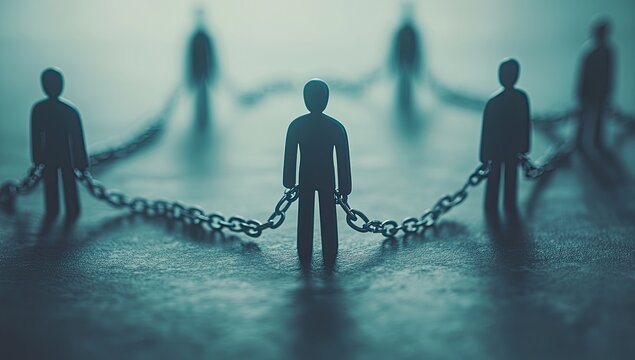Silhouette figures chained together.  Imprisonment, interconnected, and powerless