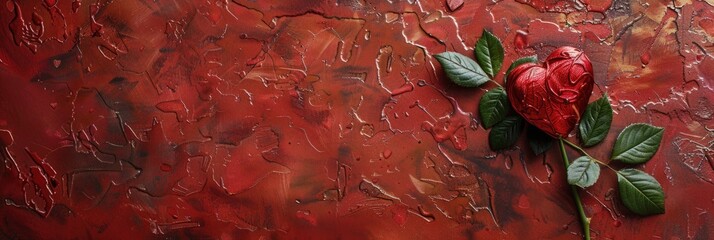 A captivating red heart-shaped rose elegantly placed on a textured red background, surrounded by lush green leaves, symbolizing love and romance.