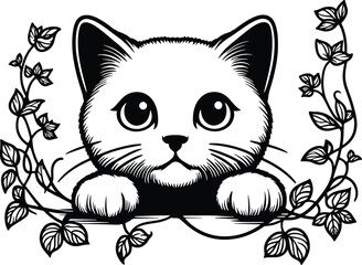 Cute peeking kitten surrounded by floral vines