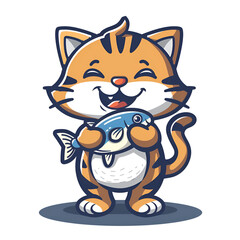 Obraz premium Cartoon Mascot of a Cat Holding a Fish Isolated on Transparent Background