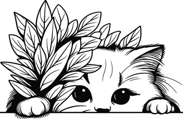 Curious Kitten Peeking Through Leaves