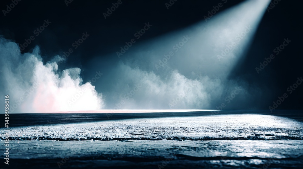Poster ground fog spreading across concrete floor with dark shadowy background creating atmospheric moody e