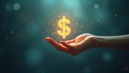 Hand holding glowing dollar sign illustration. Finance, investment, wealth and prosperity concept. Symbol of financial opportunity, digital transformation, economic growth and business success.