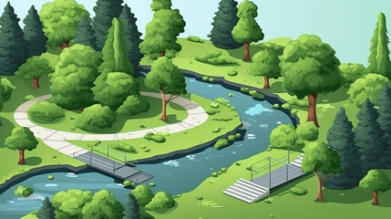 Aerial view of a cartoon park with trees a river and walking paths on a sunny day illustration