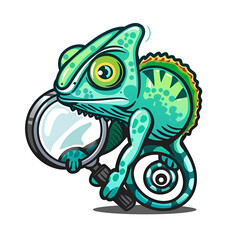 Naklejka premium Cartoon Mascot of a Chameleon with Magnifying Glass Isolated on Transparent Background