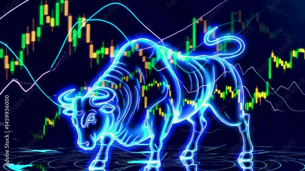 Poster dynamic bull animation against evolving stock market chart with neon highlights