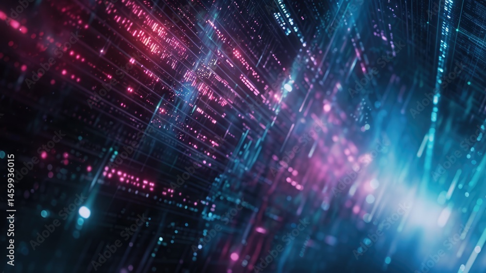 Poster abstract picture of neon light particle with digital technology style design connecting become dynam