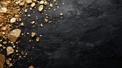 Scattered gold nuggets on a dark textured surface.