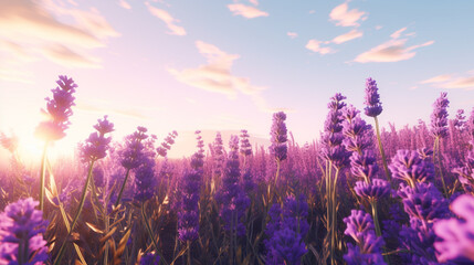 A lavender field under a pastel sky with soft clouds and a bright sun shining in the distance