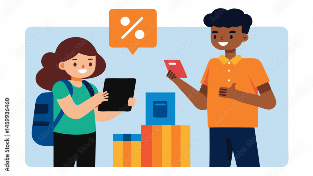 Aufkleber shopping for tech a student at a tech store examining a tablet on display while their friend takes a