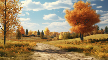 Dirt path through autumn landscape with orange trees and cloudy blue sky on a sunny day in the countryside