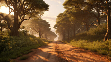Dirt road winding through a forest with sunlight shining through the trees in the distance view scene