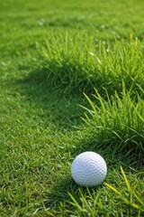 A pristine golf ball rests in vibrant green grass , healthy, success